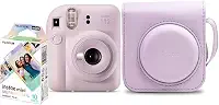 Kit Câmera Instax Mini 12 com pack 10 fotos Mermaid Tail e Bolsa Lilás
