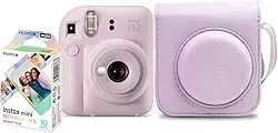 Kit Câmera Instax Mini 12 com pack 10 fotos Mermaid Tail e Bolsa Lilás