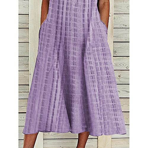 Image of Women Casual Dress Summer Stripe Button V Neck Sleeveless with Pocket Long Dresses Holiday Beach Party Midi Dress