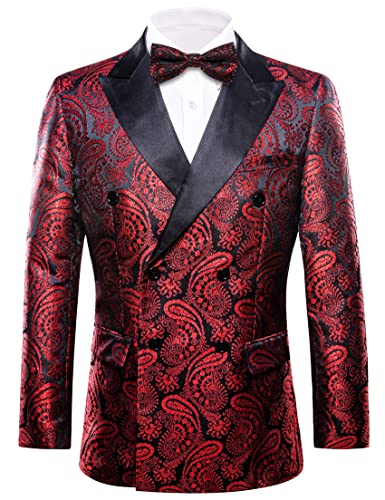 Fancy Suit Coat for Men Big and Tall,Floral Paisley Tuxedo Closure Collar Double Breasted Blazer Casual Formal, Paisley Red Black, M
