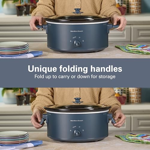 Image of Hamilton Beach 6 Quart Slow Cooker With Space-Saving Folding Handles | 3 Heat Settings | Dishwasher Safe Stoneware Crock & Glass Lid | Kitchen Makeover Blue | 33608