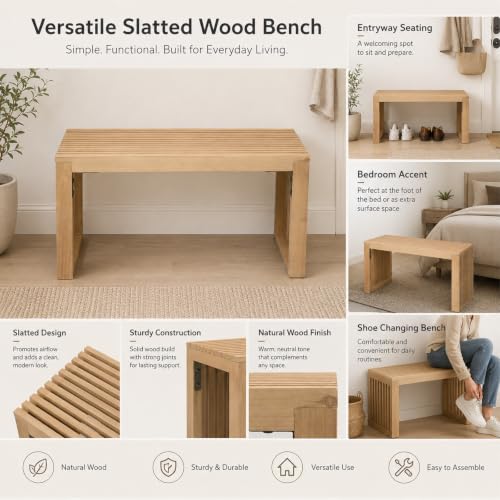 Image of SwallowLiving Solid Wood Entryway Bench 30 inch Farmhouse Dining Room Slatted