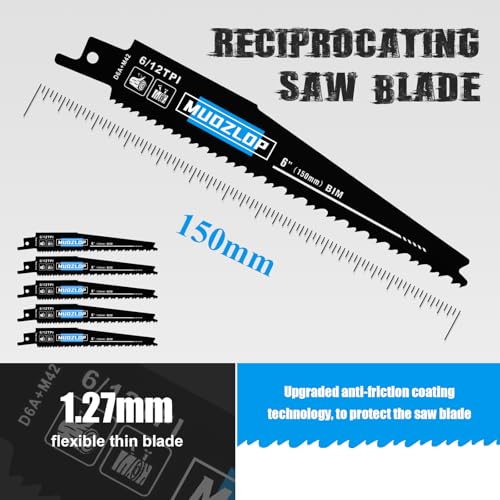 Image of 5 Pack 6 inch Reciprocating Saw Blades Set, 6 /12TPI High Carbon Saw Blades, Woodcutting Saw Blades with Organizer Case (5, 6 /12TPI /6 inch)