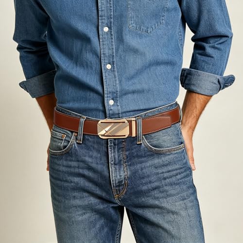 Image of Drowsmen Leather ratchet belt 1 3 /8 inch with Click Sliding Automatic Buckle, Adjustable belt Trim to Fit