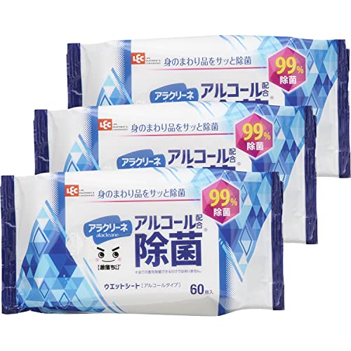レック(LEC) レック アラクリーネ アルコール配合 99%除菌 ウェットシート 60枚入×3個 【激落ちくん】/ 日本製 /身のまわり品をサッと除菌/ 手指の汚れ落としにも /