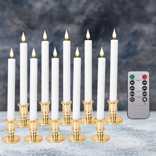 Bougies LED fenetre lot de 10 avec minuterie et bougeoirs dores