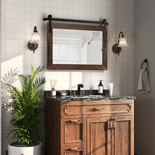 Image of COGOOD Farmhouse Barn Door Mirror - 22 x 29 Rustic Wood Framed Wall Mirror for Bathroom, Living Room, Entryway Wall Decor (Black Brown)