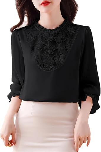 Women Stand Collar Patchwork Chiffon Blouse Long Sleeve Lace Shirt Tops Work Shirts