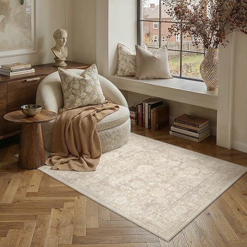 PureCozy 3x4 Beige Washable Entryway Area Rug Vintage Distressed