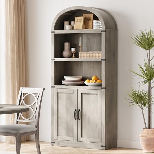 Garveehome Bookcase with Doors Arched Bookshelf 71.65in Tall Bookcase Farmhouse Cabinet with Shelves Wooden Bookshelves for Home Office, Living Room