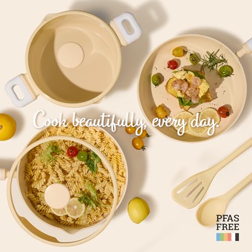 Image of CAROTE Pots and Pans Set Nonstick, Ceramic Cookware Set, Yellow Cooking Set Kitchen Induction Set with Steamer, PFAS PTFE Free,9 Piece