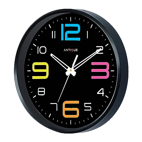 Image of ANTIQUE 10 Inch Round Shape Analog Wall Clock With Plastic And Glass For Home /Kitchen /Living Room /Bedroom /Office, Black Multicolor (25.4 X 25.4 X 4 Cm), White