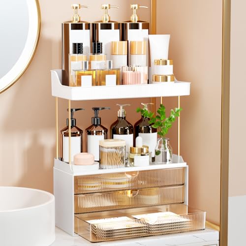 3 Drawers Makeup Organizer – 5 Tier Bathroom Organizers and Storage, Versatile Perfume Vanity Organizer, Ideal for Cosmetic, Large Skincare, Face Mask, Office Supplies, Amber
