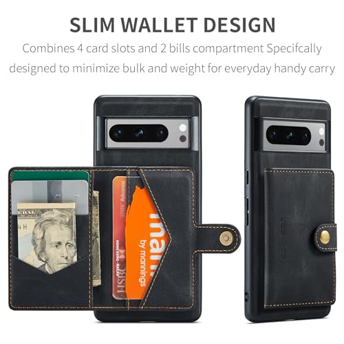 Hongxinyu Case for Google Pixel 8 Pro 2023, Detachable Magnetic Wallet Card Cash Slot Case Cover Support Wireless Charging Functional Kickstand (Google Pixel 8 Pro, Black)