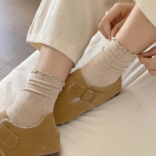 zrylibya Women Cute Ruffle Ankle Socks Scalloped Pointelle Solid Basic Style Casual Crew Socks 4 Pairs4