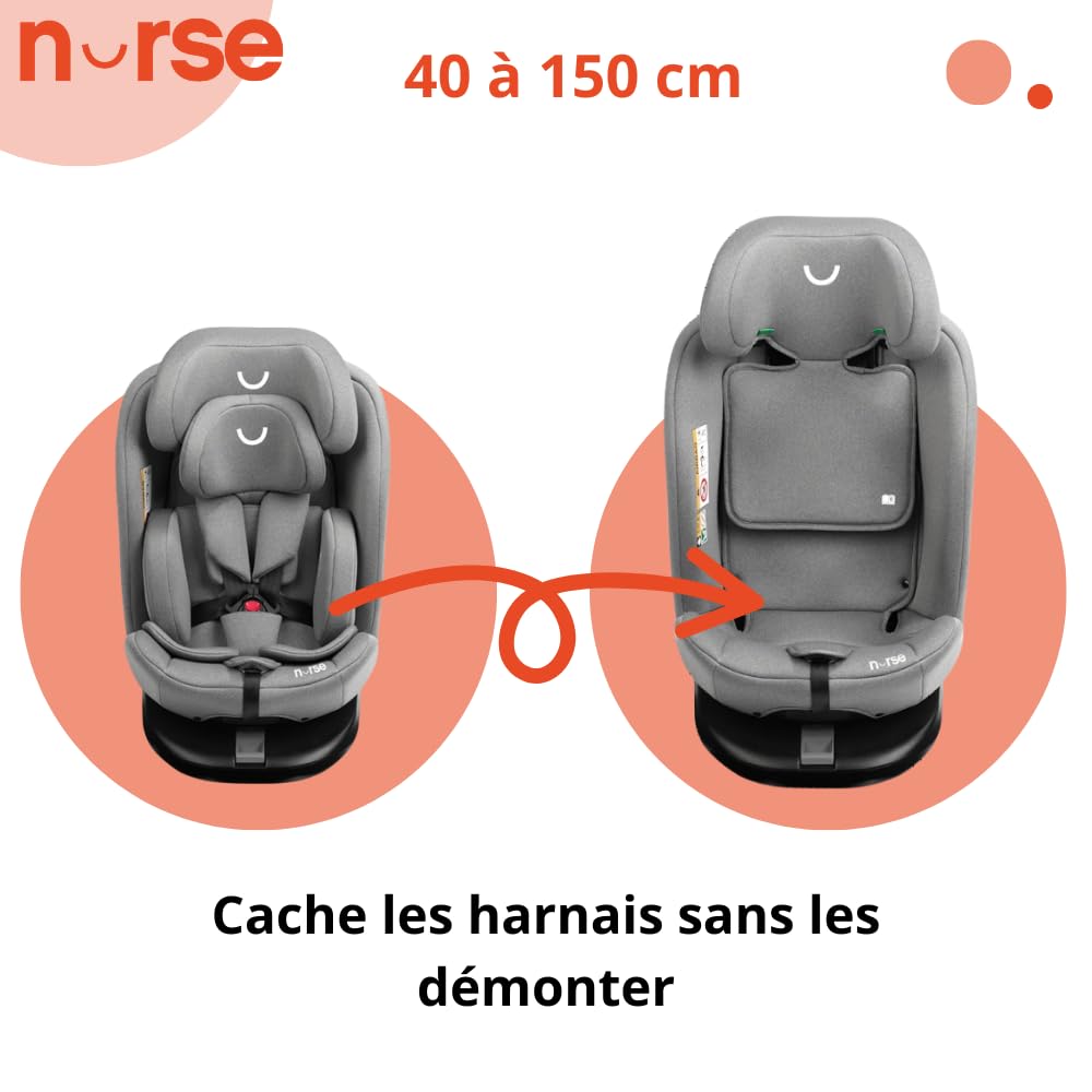 Nurse Scala Siège Auto i-Size 40–150 cm, Pivotant 360º, ISOFIX avec Top Tether, Dos à la Route et Face à la Route, Protection Latérale, Gris