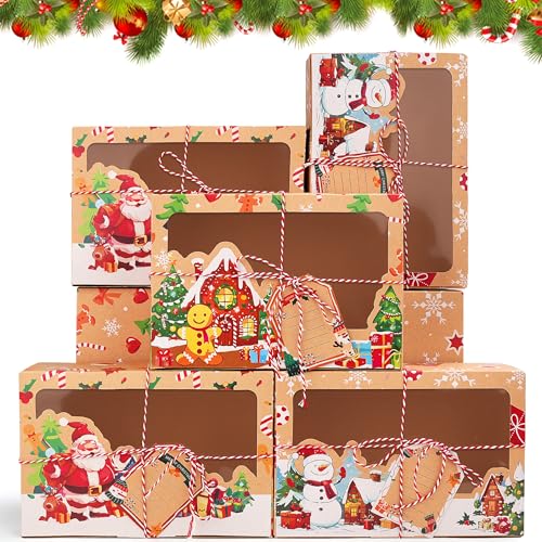 fiintrwa 15 Stück Kraftpapier Geschenkboxen Weihnachten Keksboxen mit Fenster und Tags Süßigkeitskästen Weihnachts Kekskästen Boxen Geschenk-Verpackung für Bäckerei Weihnachten Party (Stil A)