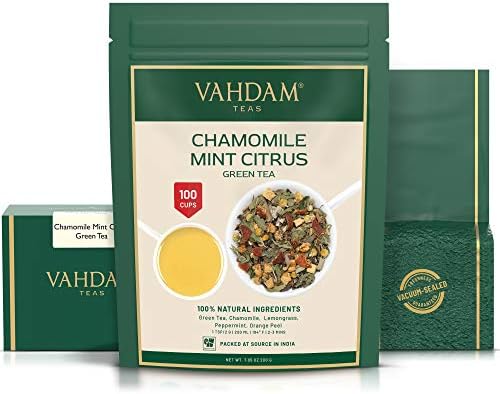 VAHDAM, Chamomile Mint Citrus Green Tea Leaves (200g/7oz) 100 Cups; Natural Ingredients - Green Tea Leaves, Chamomile, Peppermint, Spearmint, Orange Peels, Lemongrass