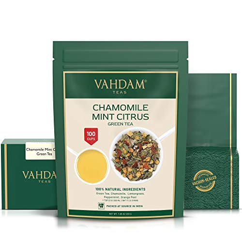 Vahdam, Chamomile Mint Citrus Green Tea Leaves (100 Cups) Essential Herbs | 100% Natural Tea | Green Tea Leaves, Chamomile, Peppermint, Spearmint, Orange Peels, Lemongrass | 7Oz #TOP4