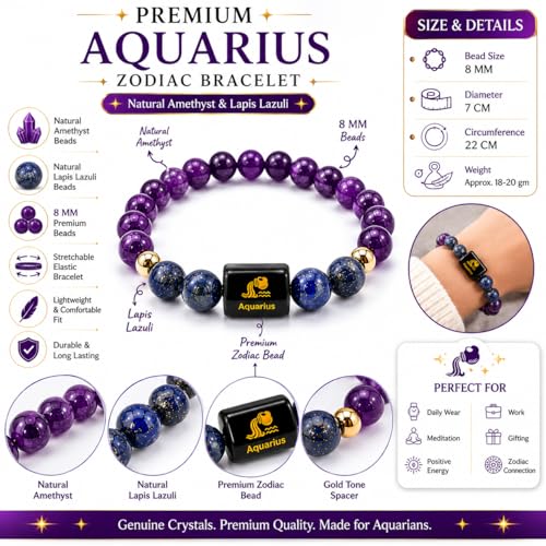 Image of Aquarius Zodiac Bracelet (कुंभ राशि) | Certified Healing Crystal for Calm, Clarity & Emotional Balance | Original Amethyst & Lapis Lazuli | Bracelet for Man & Woman | Gift for Man & Woman
