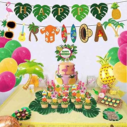 110 Pcs Tropical Hawaiian Luau Party Decorations Beach Birthday Party Supplies Include Stylish Banner, Artificial Palm Leaves, Multicolor Balloons, Cake Cupcake Toppers, Coconut Tree, Pineapple Decor #TOP6