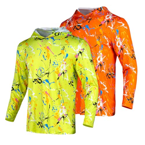 2 Packs Men's UPF 50+ Sun Protection Hoodie Shirts UV SPF Hi Vis Long Sleeve Rash Guard Fishing Hiking T Shirts Quick Dry