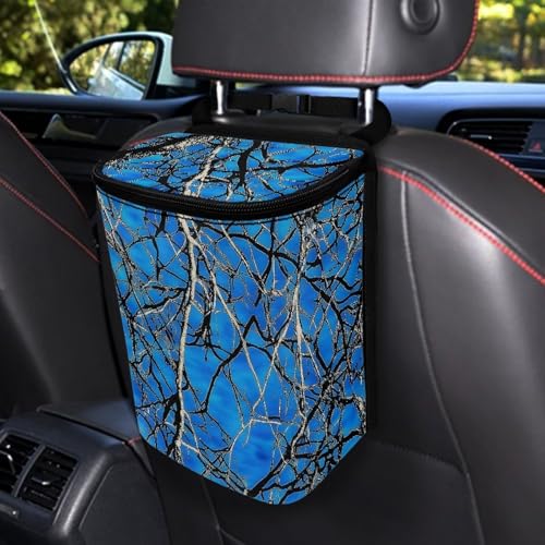 Image of KEIAHUAN Blue Branch Camo Car Trash Can with Lid Multipurpose Collapsible Trash Bin for Car Hanging Vehicle Trash Bag Small Portable Automotive Garbage Cans Vehicle Interior Accessories