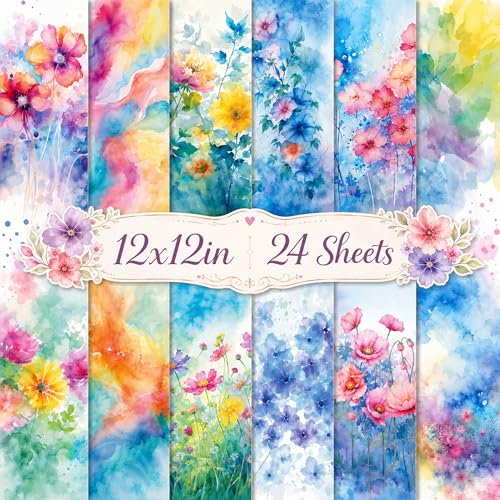 24 Sheets Watercolor Floral Pattern Pad 12'' x 12'' Dyeing Flower Scrapbook Paper Pad Watercolor Floral Patterned Double-Sided Cardstock Paper Pack for Background DIY Card Making Origami