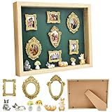 JNUYISW DIY Mini Museum Silhouette Box, Vintage Bilderrahmen mit 7 Mini Goldene Rahmen 4 Zufällige Katzen 2 Zufällige Pflanzen Kreatives Erinnerungsdisplay Kit für Jahrestag, Hochzeit, Heimdekoration