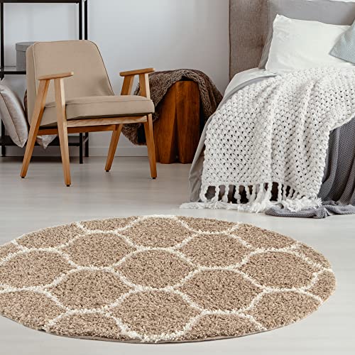 THE RUGS Shaggy Rug, Modern Moroccan Design Rugs for Living Room Bedroom, Hallway, 3 cm Thick Area Rugs, (Trellis Beige/Ivory