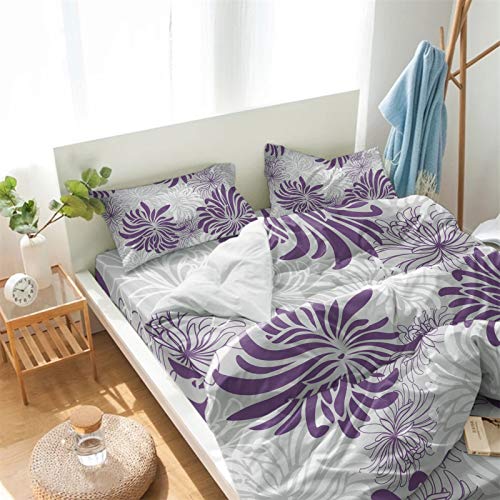 Queener Home Purple White Grey Chrysanthemum Flower Duvet Covers Set,4 Pieces Soft Comforter Cover Twin Minimalist Floral Bedding Set With 2 Decorative Pillow Shams For Kids/Adults/Teens Bedroom #TOP4