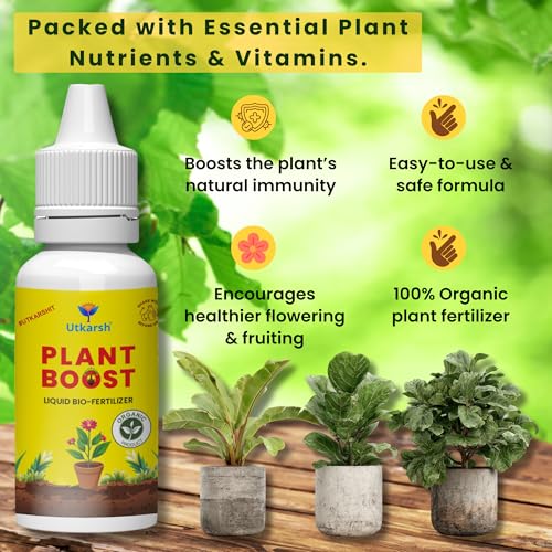 Image of Utkarsh Plant Boost - Liquid Bio Fertilizer, Organic Growth Booster for Faster, Healthier Home Garden Plants, Ideal for Vegetables, Flowers, Herbs & Promotes Healthy Roots (Pack of 3 of 50 ml)
