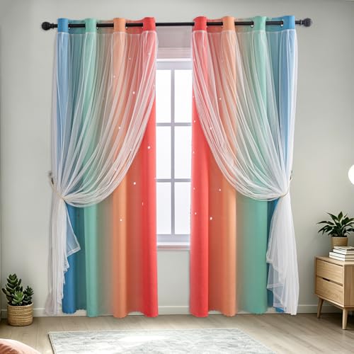 Image of indistar Dreamy Star Cutout Blackout Curtains with White Sheer,Double Layer Curtains for Girls Bedroom, Hollow Out Drapes for Nursery (2 Panel,52Wx63L,Rainbow)