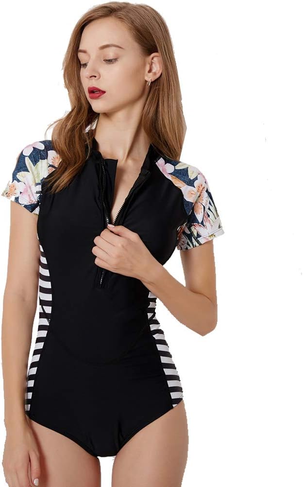 Women Print Rush Guard UV Protection Zip Front Swimsuit One Piece Short Sleeve Surfing Costume
