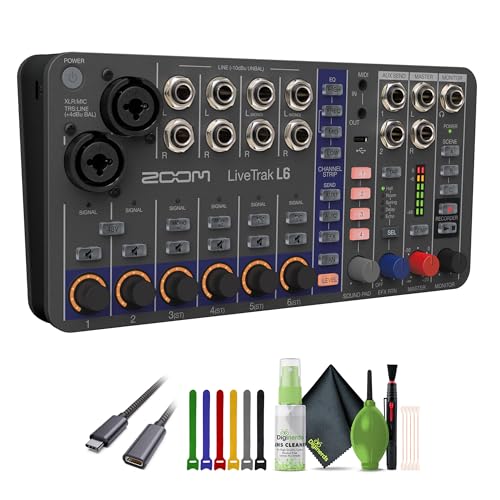 Zoom LiveTrak L-6 Portable 6-Channel Digital Mixer and Multitrack Recorder + Cleaning kit + USB C to Male USB C Cable + Wire Straps