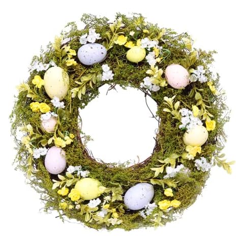 Easter Wreath, 16 Inch Easter Pastel Egg Wreath for Front Door, Wall Hanging Rattan Spring Wreath with Mixed Flowers, Twigs and Eggs for Easter Holiday Home Party Wall Decoration Cover