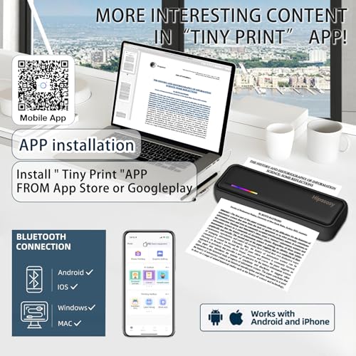 Image of Portable Wireless Thermal Printer for Home & Travel - Mini Bluetooth Inkless Printer Compatible with 8.5 inchx11 inch US Letter & A4 Size- Works with iOS, Android & Laptops - Ideal for Tattoos, Office(Black)