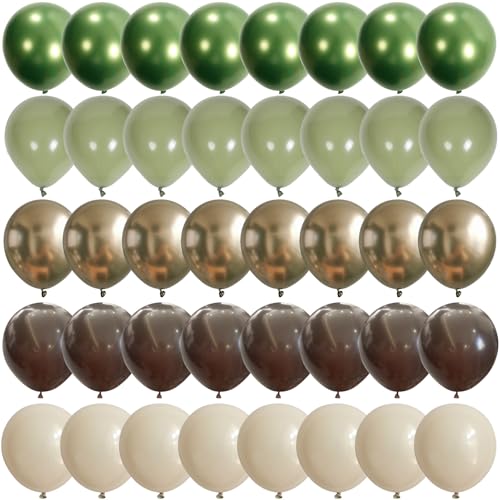 Sage Green Brown Safari Balloons, 60PCS Dusty Olive Green Coffee Beige Metallic Gold Eucalyptus Latex Balloon, Camo Army Hunting Balloons for Woodland Baby Shower Birthday Party Decorations Supplies