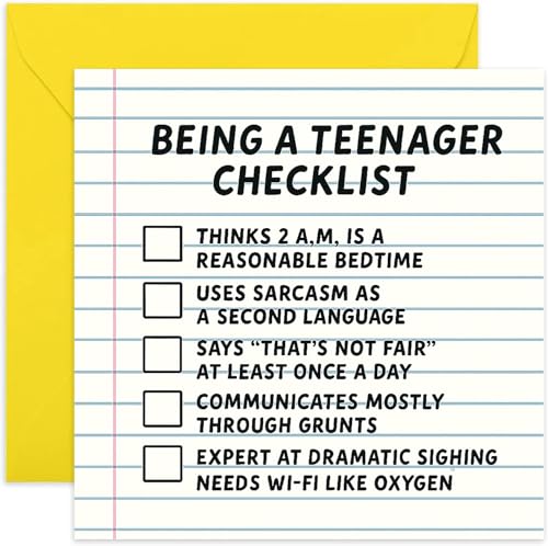 Funny Birthday Card for Teen – 'Teenager Checklist' Comedy Design – Great for Boys or Girls – Sarcastic Teen Gift – Blank Inside with Envelope