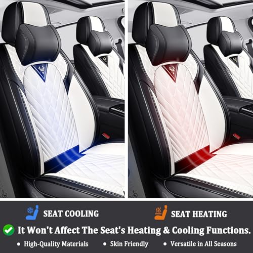 Image of Car Seat Covers Full Set for Kia Telluride 2020-2026, Anti-Slip Full Coverage Car Seat Covers, Waterproof Nappa Leather Car Seat Cover Sets(5 Seats with Headrests /Black White)