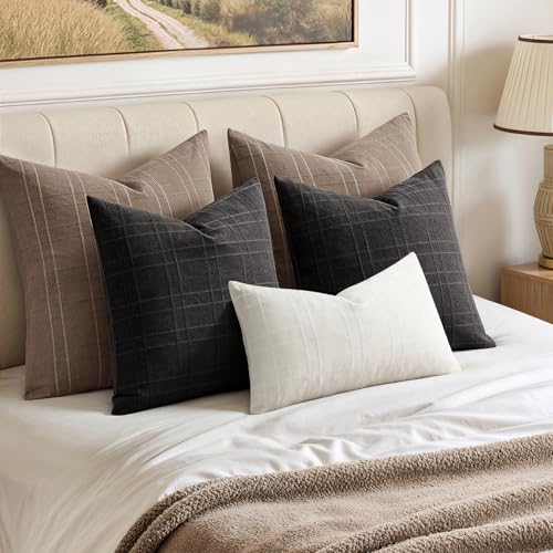 Image of MIULEE Decorative Linen Check Euro Shams Throw Pillow Covers Neutral Farmhouse Vintage Pillow Covers 24x24 Set of 2 Boho Modern Winter Home Decor for Sofa Couch Bedroom Cushion Taupe