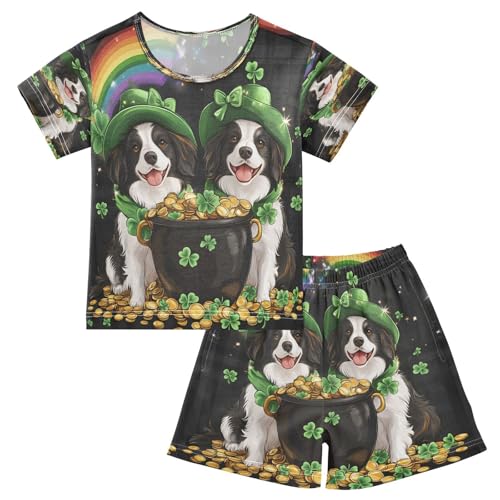 ALAZA Rainbow Dog Shamrock Coin Clover Leaf Patrick's Day Pajamas Set Short Sleeve Cotton Sleepwear Summer Pjs 2 Piece 5-14Y