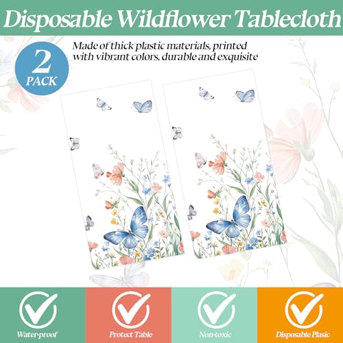 Image of 2 Pack Spring Floral Tablecloth Party Decorations, 54 x 108 Inch Disposable Wildflower Butterfly Plastic Table Cover Wildflower Table Cloth for Birthday, Wedding, Tea Party Decor