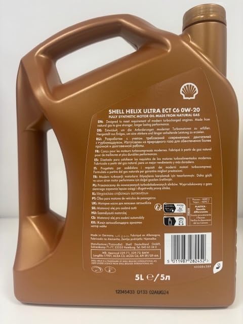 SHELL Aceite de motor 0W-20 Helix Aceite completamente sintético ACEA C6 API SP Ultra ECT C6 5L Compatible con TOYOTA AYGO WNB1, KGB1, NISSAN Qashqai II J11, J11, MERCEDES-BENZ Clase C T-modell S205