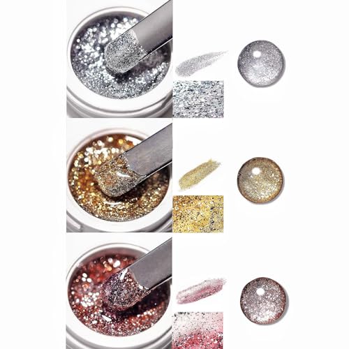 Esmalte de Uñas de Gel Metálico Con Purpurina en 3 Colores - Plateado y Dorado Brillante - Secado UV/LED Para Manicura DIY
