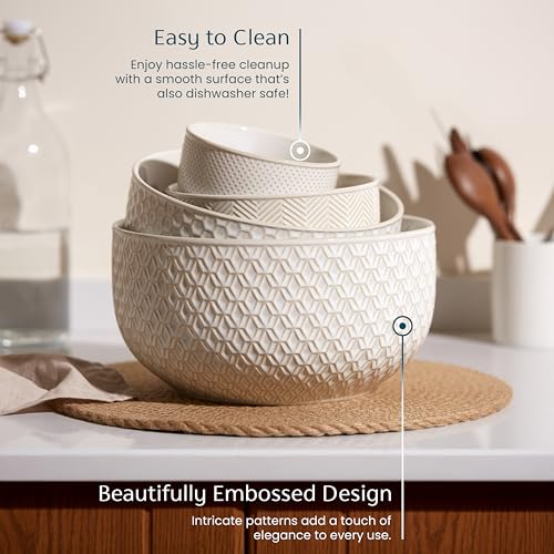 KooK Ceramic Mixing Bowls, Nesting Set of 4, Embossed Kitchen Dishware, Prep, Serving, Gift, Microwave and Dishwasher Safe, 20/44/98/145 oz, Narbonne Collection (Ivory) - Image 4