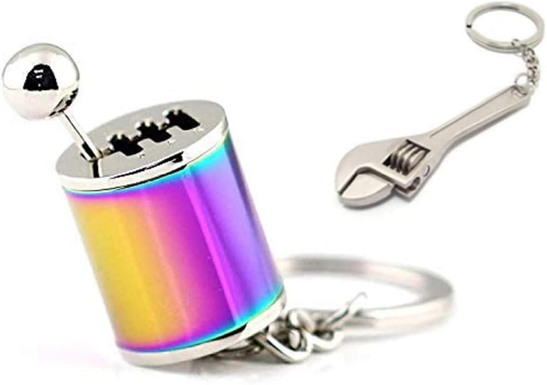 6Speed Creative Auto Part Model Gear Box Keychain Chrome Six-speed Manual Transmission Shift Lever Keyring Key Chain Turbo Car Gear Shift Stick Knob Keyfob - (Neon + mini wrench)