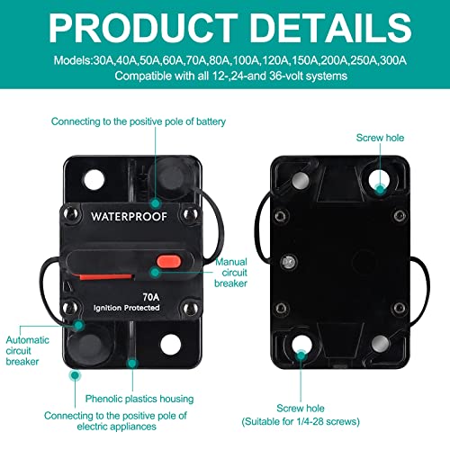 70 Amp Waterproof Circuit Breaker,with Manual Reset,12V-48V DC, for Car Marine Trolling Motors Boat ATV Manual Power Protect for Audio System Fuse by NC - Image 4