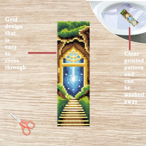 Image of FREEBLOSS 6 Set Cross Stitch Bookmark Kits for Beginner Castle Night View Stamped Cross Stitch Kit DIY Embroidery Bookmark Kit with Instructions 8 inch x 2.4 inch