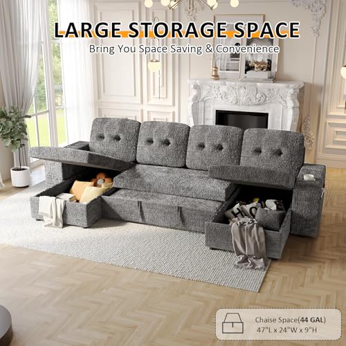 Image of Modular Sectional Sleeper Sofa Bed, 117 inch U-Shaped Sofa with Dual Storage Chaise | Reclining Backrest | Wide Armrest, Couches for Living Room, 4 in 1 Pull Out Couch Bed, Grey